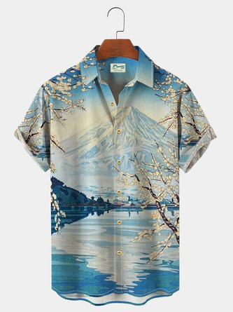 Royaura Holiday Japanese Mount Fuji Art Landscape Hawaiian Men's Short Sleeve Shirt