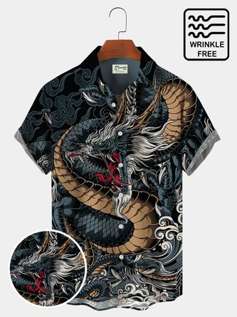 Royaura vintage Comfortable blend mechanism fabric Black casual Chinese dragon Oriental dragon oversized men's short sleeved shirt