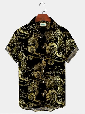 Royaura 50's Vintage Oriental Dragon Hawaiian Shirts Stretch Oversized Aloha Button Shirts