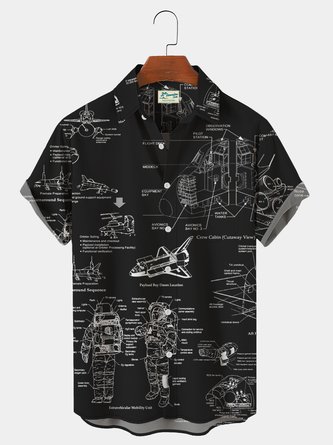 Royaura Spaceship Astronaut Space Graphic Hawaiian Men's Short Sleeve Shirt