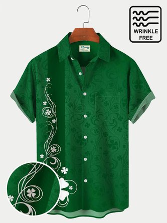 Royaura St. Patrick's Day Clover Print Men's Vintage Bowling Shirt Seersucker Plus Size Shirt