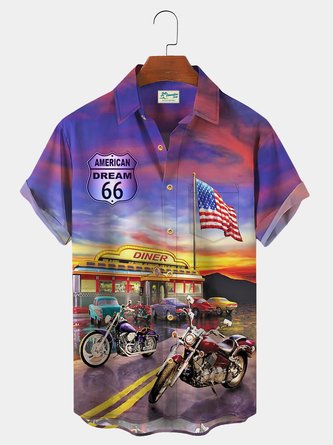 Royaura Vintage Motorcycle Flag Route 66 Men's Aloha Shirt Oversized Hawaiian Shirt
