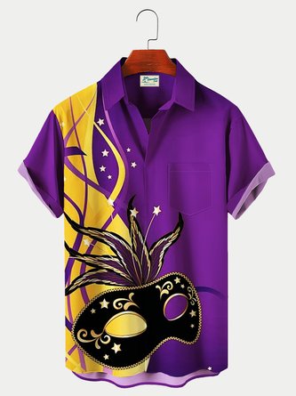 Royaura Gold Mardi Gras Mask Print Men's Hawaiian Short Shirt Breathable Plus Size Shirt