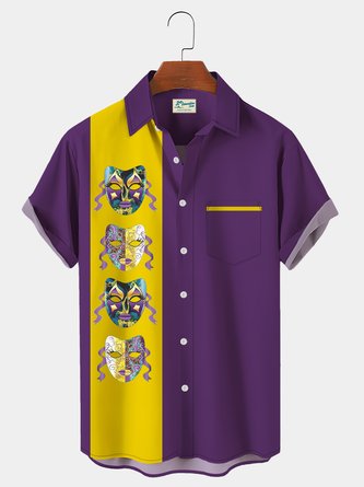 Royaura Vintage Bowling Purple Mardi Gras Breast Pocket Hawaiian Shirt Plus Size Holiday Shirt