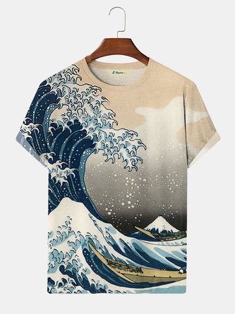 Royaura Japanese Retro Ukiyo-e Men's T-Shirt Wave Art Cotton Blend Large Size Elastic Tops