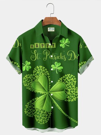 Royaura Vacation St. Patrick's Day Men's Hawaiian Shirts Lucky Clover Art Stretch Oversized Button Down Shirts