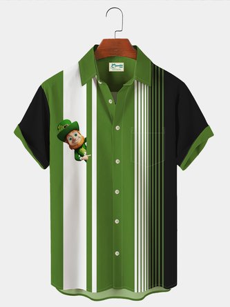 Royaura St. Patrick's Men's Vintage Bowling Shirts Cartoon Character Gradient Stripe Oversized Hawaiian Shirts