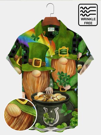 Royaura Vintage Holiday St. Patrick Men's Hawaiian Shirts Cartoon Gnome Wrinkle Free Seersucker Plus Size Aloha Shirts