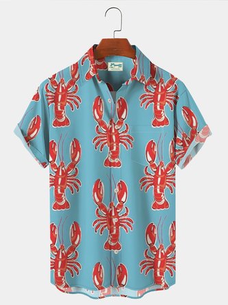 Royaura Vintage Orleans Mardi Gras Men's Hawaiian Shirts  Lobster Art Stretch Oversized Button Down Shirts