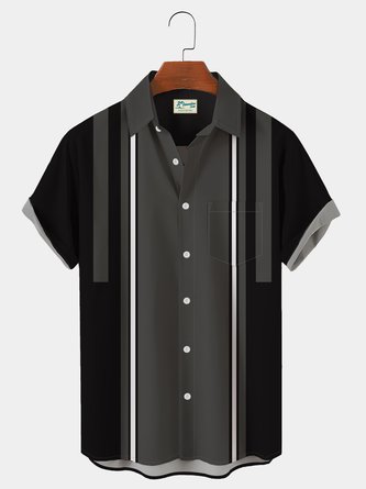 Royaura Vintage Bowling Stripe Black Print Chest Pocket Vintage Shirt Oversize Shirt
