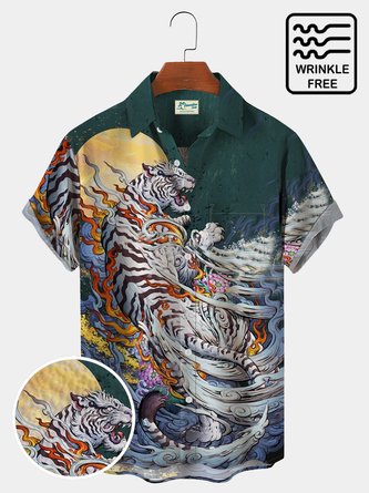 Royaura Vintage Oriental Mood Tiger Cloud Print Chest Pocket Vintage Shirt Oversize Shirt