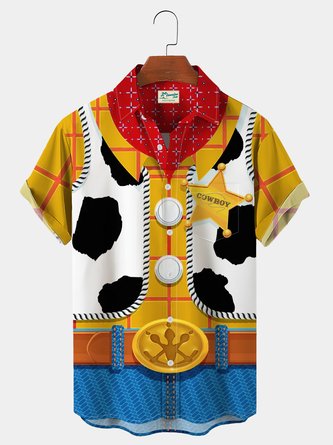 Royaura Vintage Men's Nostalgic Movie Fun Cowboy Hawaiian Shirts Cartoon Stretch Plus Size Art Shirts
