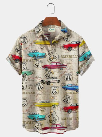 Royaura Vintage Route 66 Western Print Chest Pocket Vintage Shirt Plus Size Printed Shirt