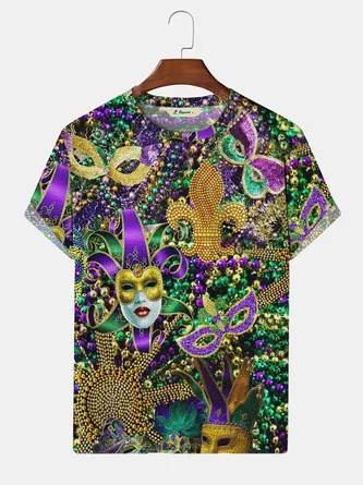 Royaura Holiday Mardi Gras Men's Art T-Shirt Oversized Cotton Blend Stretch Tops