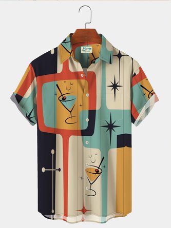 Royaura 1960s Vintage Mid-Century Geometric Men's Hawaiian Shirt Cocktail Art Wrinkle Free Seersucker Oversized Aloha Shirts