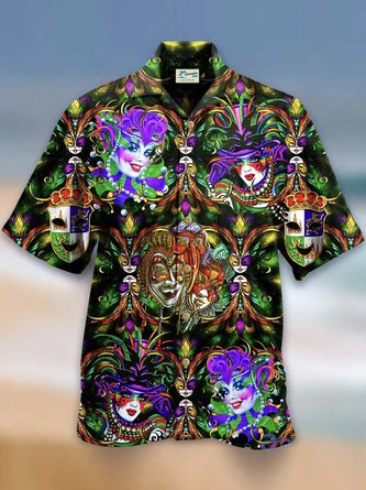 Royaura Holiday Mardi Gras Men's Hawaiian Shirts Blindfold Clown Art Stretch Oversized Button Shirts