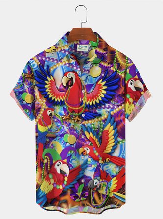 Royaura Beach Holiday Mardi Gras Men's Hawaiian Shirts Parrot Oversized Stretch Aloha Button Shirts