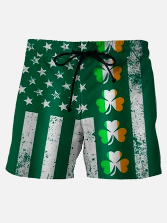 Royaura St. Patrick's Day Flag Clover Green Men's Hawaiian Shorts Elastic Super Fast Dry Shorts