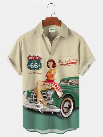 Royaura Vintage Car 66 Road Poster Print Men's Black Chest Bag Shirt Plus Size Shirt