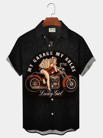 Royaura vintage motorcycle poster beauty print chest pocket bowling shirt oversized shirt