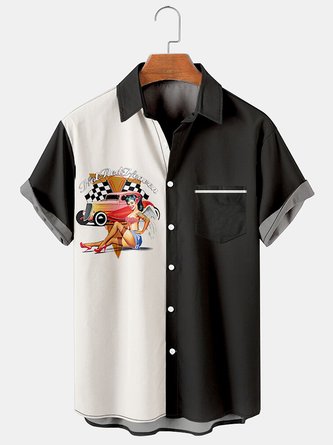 Royaura Vintage Bowling Men's Simple Casual Car Beauty Splicing Print Shirt
