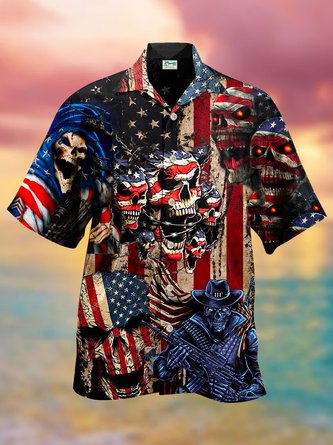 Royaura Vintage America Skull Pride Cool Style Hawaiian Shirt Oversized Vacation Aloha Shirt