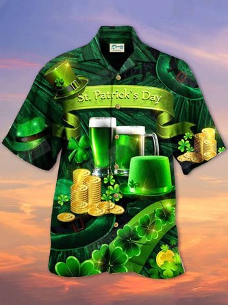 Royaura St. Patrick's Men's Hawaiian Shirts Shamrock Beer Fortune Oversized Floral Shirts