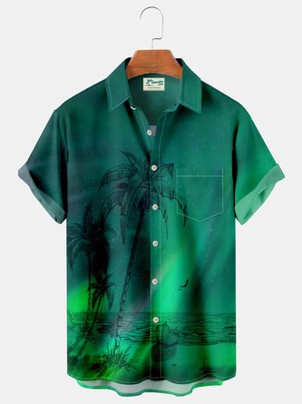 Royal Hawaiian Green Gradient Aurora Coconut Tree Print Chest Bag Holiday Shirt Plus Hawaiian Shirt