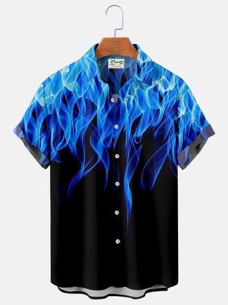 Royaura Blue Flame Print Chest Pocket Tech Flame Shirt Plus Size Hawaiian Shirt
