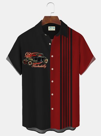 Royaura 60‘s Retro Auto Men's Bowling Shirts Rockabilly Music Stripe Art Casual Oversized Stretch Camp Shirts