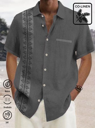 Royaura Grey Vintage Linen Print Chest Bag Shirt Plus Size Shirt