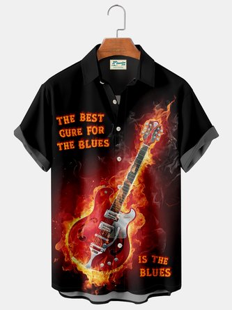 Royaura Music Instrument Flame Letter Guitar Print Chest Bag Party Shirt Plus Size Shirt