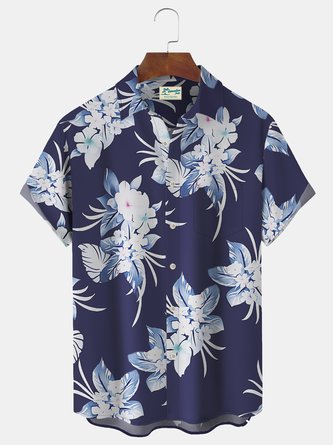 Mens 50's Classic Hawaiian Shirt Plumeria Obtusa Print Navy Blue Short Sleeve Shirt
