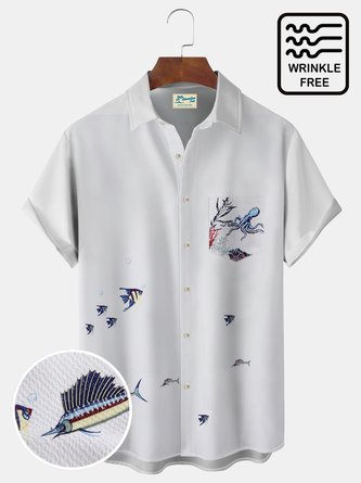 Royaura Holiday Beach Sea Life Men's Hawaiian Shirt Oversized Stretch Seersucker Wrinkle Free Camp Shirts