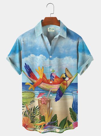 Royaura Parrot  Somewhere  Drinking Bird Breast Pocket Hawaiian Shirt Plus Size Vacation Shirt