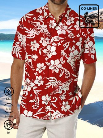Royaura Cotton Linen Vintage Red Coconut Tree Hawaiian Oversized Aloha Shirt