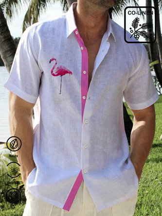 Royaura White Cotton Linen Flamingo Print Chest Bag Hawaiian Shirt Plus Contrast Shirt