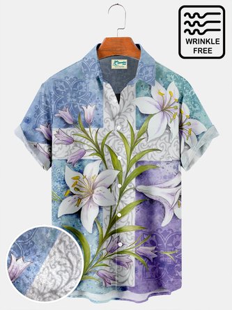 Royaura Easter Lily Cross Print Vacation Beach Hawaiian Oversized Aloha Wrinkle-Free Shirt