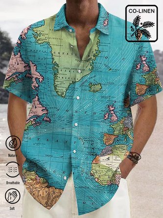 Royaura Cotton Linen Breathable Navigation Map Retro Men's Vacation Hawaii Plus Size Aloha Shirt