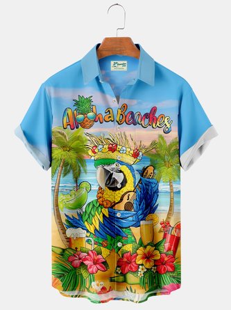 Royaura Hawaiian Parrot Cocktail Men's Button Pocket Plus Size Shirt