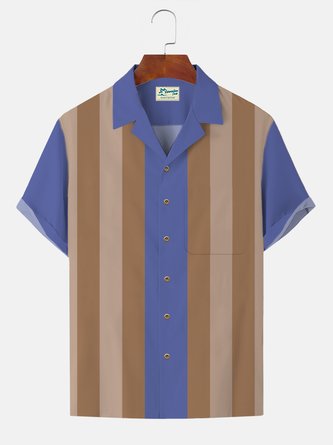 Royaura Nostalgic Movie Star Men's Retro Bowling Shirts Stretch Big Size Button Striped Aloha Shirts