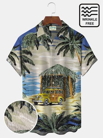 Royaura Coconut Tree Bus Print Men's Vacation Hawaiian Big and Tall Aloha Wrinkle-Free Shirt