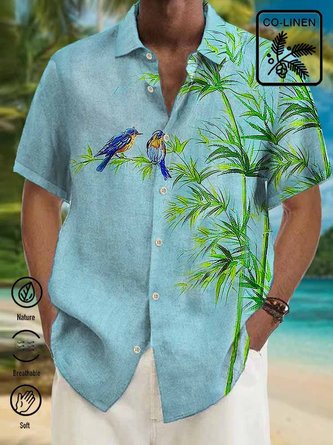 Royaura Comfortable hemp Hawaiian Bamboo Leaf Parrot Men's Button Pocket Shirt