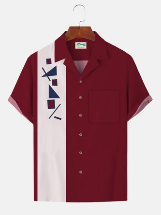 Royaura Vintage Geometric Patterns Against Color Stitching Men's 70S Bowling Plus Size Aloha Shirts