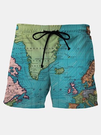 Royaura Map Print Earth Day Men's Vacation Hawaiian Big and Tall Aloha Board Shorts