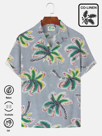 Royaura Beach Vacation Art Palm Leaf Men's Cotton-Linen Casual Shirts Natural Breathable Summer Lightweight Hawaiian Shirts