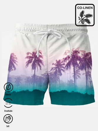 Royaura Cotton-Linen Coconut Tree Multilayer Color Men's Hawaii Breathable Natural Casual  Shorts