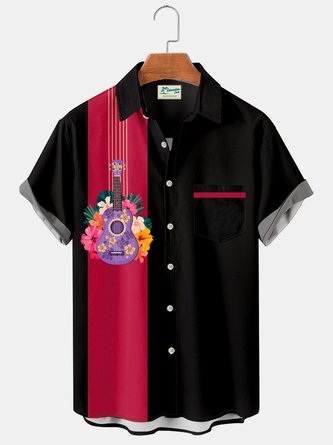 Royaura Hawaiian guitar flower vintage bowling men's pocket button shirt