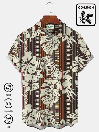 Royaura Nature  Fiber Beach Vacation Totem Stripes Hibiscus Flower Turtleback bamboo Men's Hawaiian Breathable Natural Plus Size Shirts