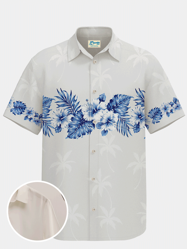 Royaura Waterproof Hibiscus Flower Coconut Tree Men Hawaiian Shirt Stain-Resistant Hydrophobic Breathable